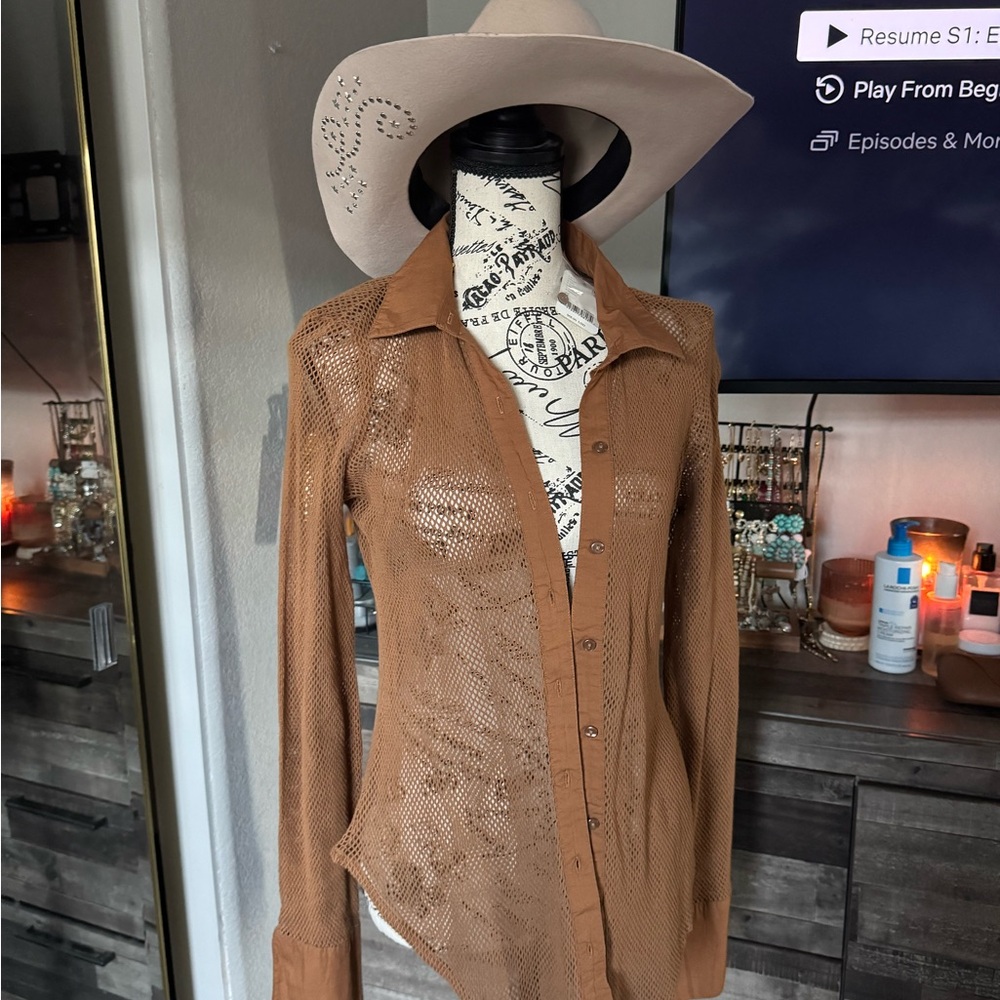 FREE PEOPLE Brown Sheer Button-Up Shirt